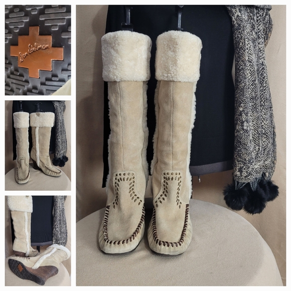 Sam Edelman Shoes - Moccasin - Inspired Women's Tall Shearling Suede Boots - Cream